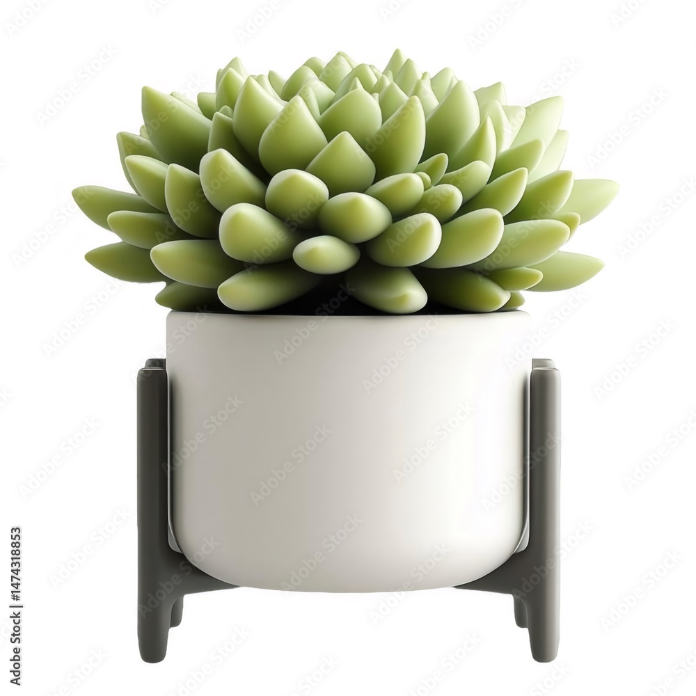 Poster 白い鉢に植えられたライトグリーンの多肉植物のクローズアップ、背景は白、室内装飾用の現代的な静物