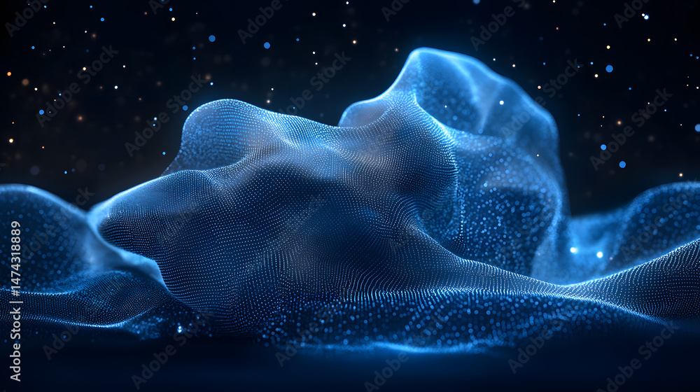 Poster Abstract landscape rendered with blue particles on a grid. Undulating hills glow against a dark backdrop speckled with starlight. Evokes depth and dimension. Abstract wireframe in dark blue.