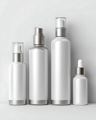 Set of skincare bottles in various sizes and shapes on a white background, minimalistic and clinical presentation.