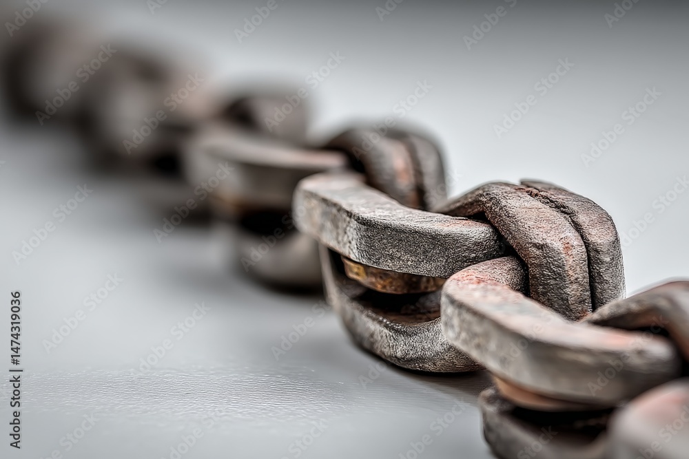 Poster close-up view of an old metal chain highlighting rust and wear with a focus on the links