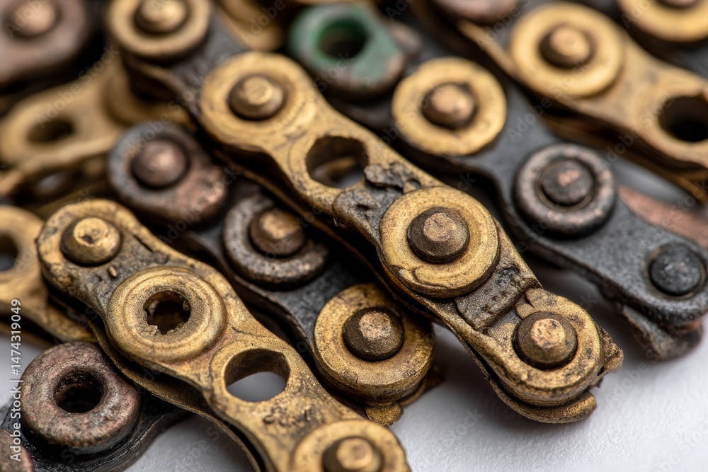 Poster close-up view of various vintage bicycle chain links showcasing worn texture and unique colors