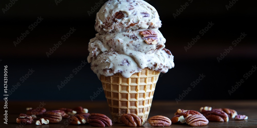 Poster delicious butter pecan ice cream in waffle cone on rustic background with scattered pecans