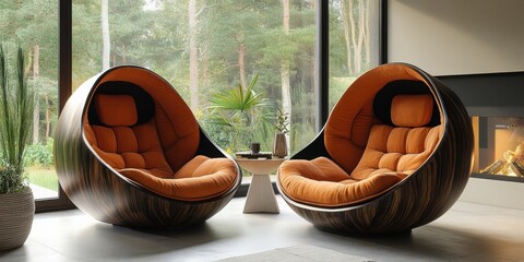 Interior with Two Stylish Swivel Egg Chairs near Fireplace and Forest View