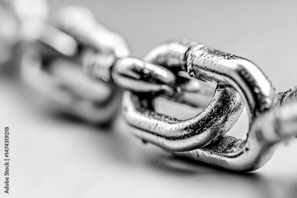Fototapete Close-up view of metallic chain links showcasing intricate details and textures in a stark monochrome setting