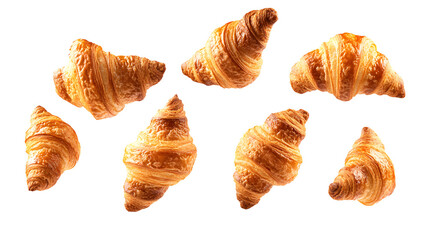 Fresh and Crunchy Croissants Flying Isolated on White Background