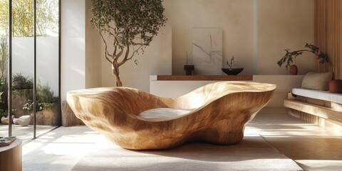 Unique Wooden Chair and Minimalist Interior Decor with Houseplant near Window