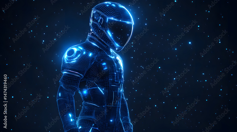 Poster futuristic wireframe figure in a glowing blue space suit, set against a deep blue starfield. abstrac