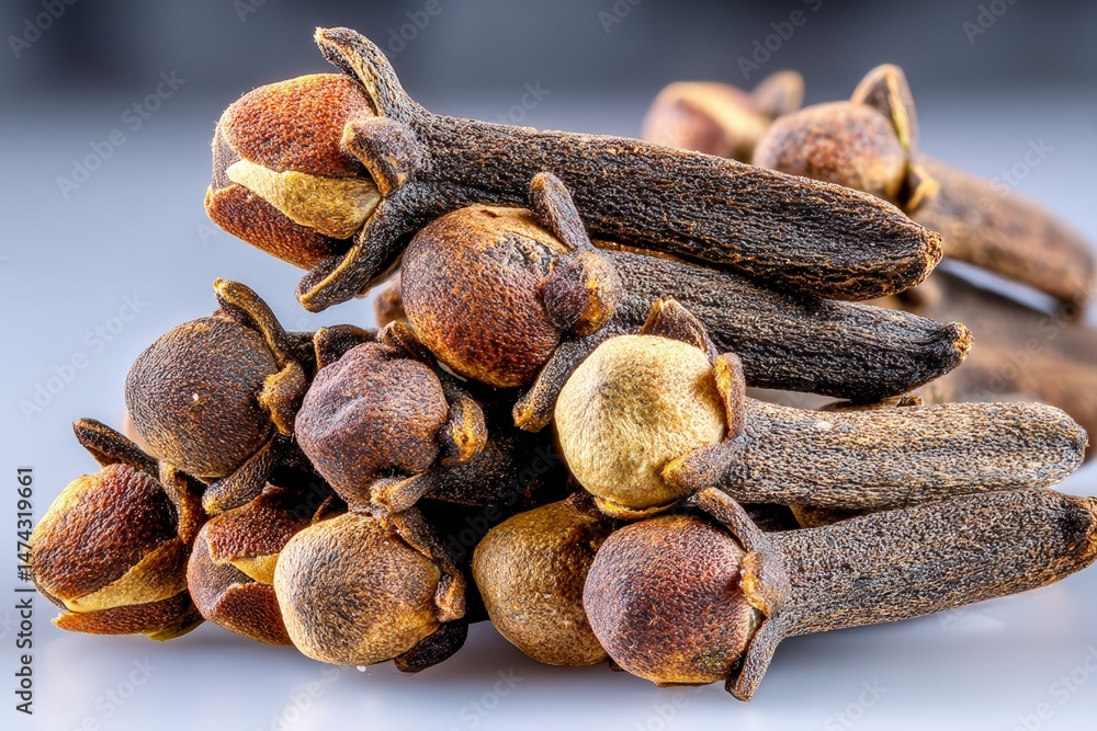 Poster Cloves stacked in a close-up view showcasing their unique texture and rich brown colors in a well-lit setting