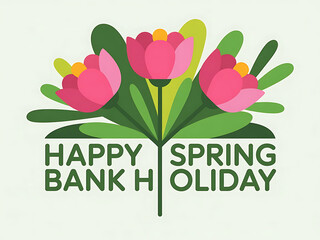 Festive illustration of happy spring bank holiday with blooming tulips and green leaves