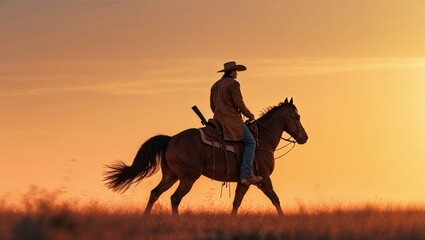 Cowboy riding a horse silhouette against a desert sunset
