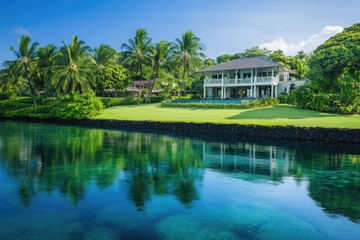 Obraz premium Coastal Home, TwoStory Villa with Palm Trees, Blue Water, and Bright Sunny Skies
