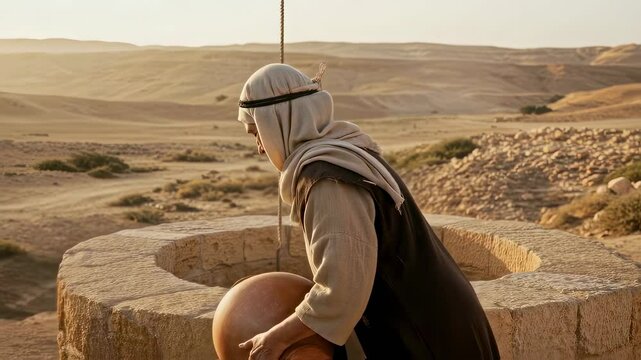 A woman places a jug of water at a well in a desert landscape. A biblical theme of the Samaritan woman. Ancient Near East for an art project, museum exhibition, biblical publications