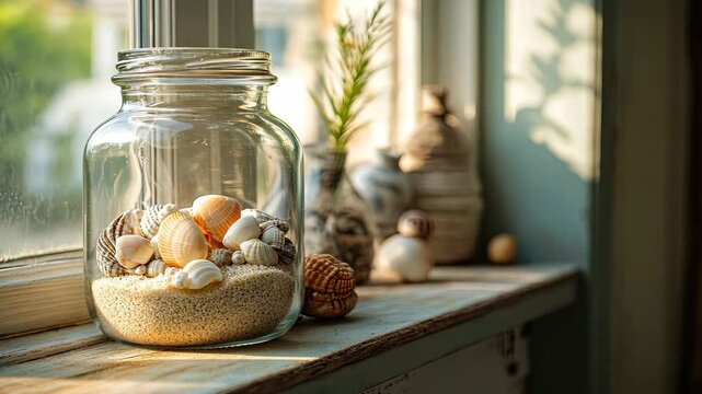 A glass jar filled with layered sand and seashells, resting on a wooden shelf near a window