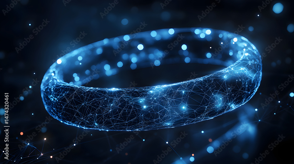 Poster futuristic glowing blue ring floats against a dark backdrop, creating depth with blurred blue and or