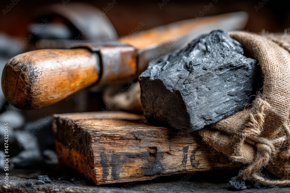 Poster artisanal tools and charcoal pieces arranged on a rustic wooden surface in a workshop setting
