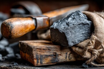 Artisanal tools and charcoal pieces arranged on a rustic wooden surface in a workshop setting