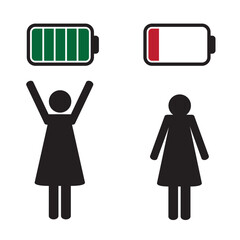 woman with fully charged and empty battery pictogram isolated vector illustration