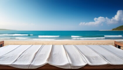 empty wooden table with white tablecloth for product display on sea beach blurred background ai generative