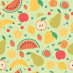 Seamless pattern with tropical and summer fruits. summer background.   Apple, pear, watermelon, mango, lemon, pomegranate, orange, banana, orange slices, grapes, cherry. Flat illustration. 
