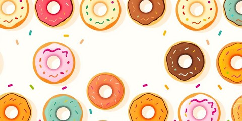 Delightful seamless vector pattern featuring colorful children's donuts on a light background; ample copy space, playful, child