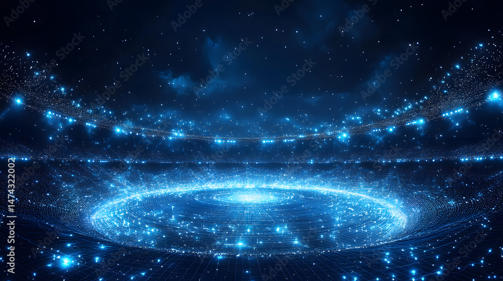 Leinwandbilder futuristic blue stadium with concentric light rings emanates technological power. grid and star acce