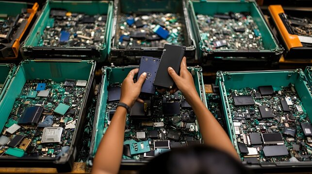 Hands sorting electronic waste in containers.