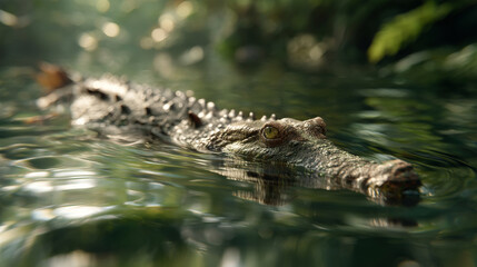 Obraz premium ultra-realistic close-up crocodile gliding through a calm jungle river