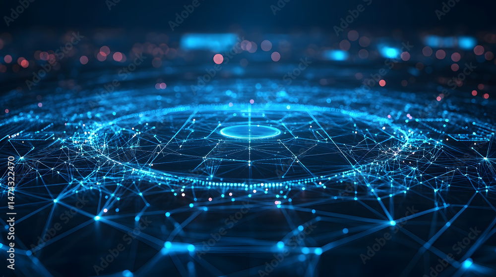 Aufkleber Vibrant blue network visualization, concentric circles illuminated with interconnected nodes, resembling data pathways. Bokeh adds depth. Abstract wireframe in dark blue