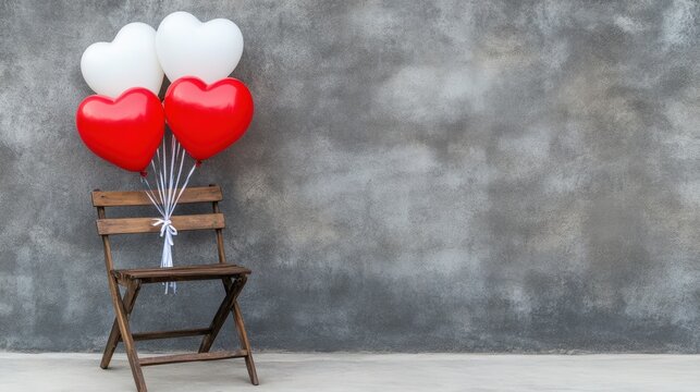 A rustic wooden chair with red and white heart-shaped balloons is positioned against a textured gray wall, creating a charming backdrop, Ideal for romantic themes, celebrations - Powered by Adobe