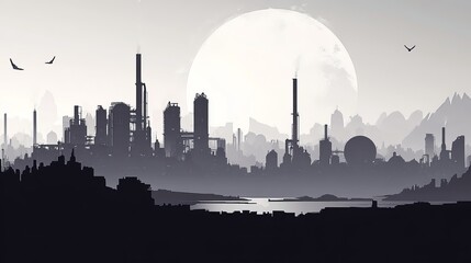 A seamless industrial skyline silhouette with factories, tanks, and piping indicative of a gas production facility