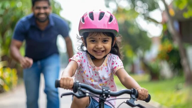 Toddler learning to ride a bicycle, parents cheering, first bike ride moment, happy childhood experience