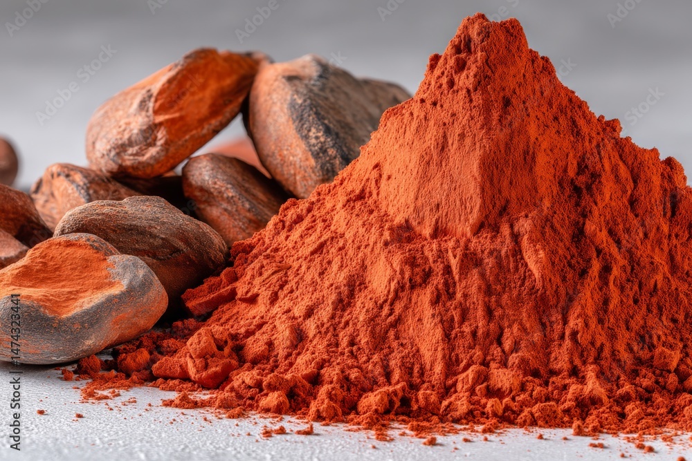 Poster vibrant cocoa powder piled alongside cocoa beans on a textured surface in natural light