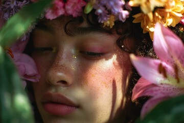 Obraz premium Close-up portrait of a person adorned with flowers.
