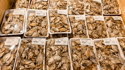 Trays of Dried Fish for Sale at a Local Market, offering Fresh Catch. East Java, Malang - February...