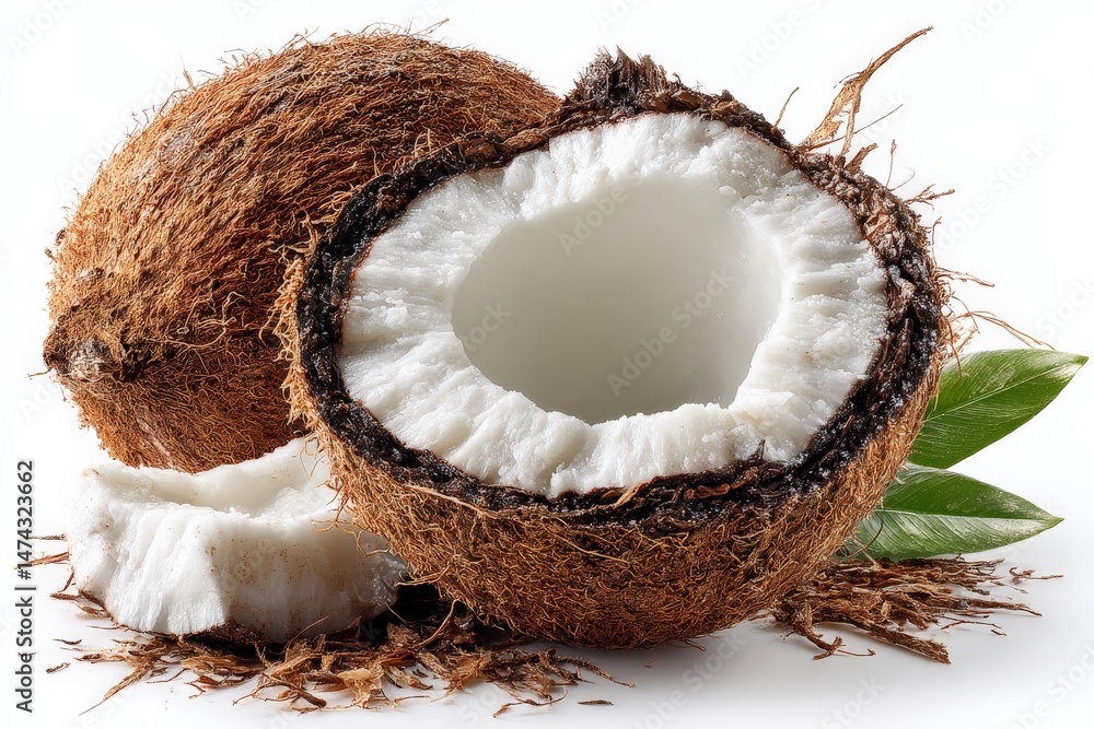 Poster coconuts cut open showing fresh white flesh and rough brown shell with green leaves on a white backg