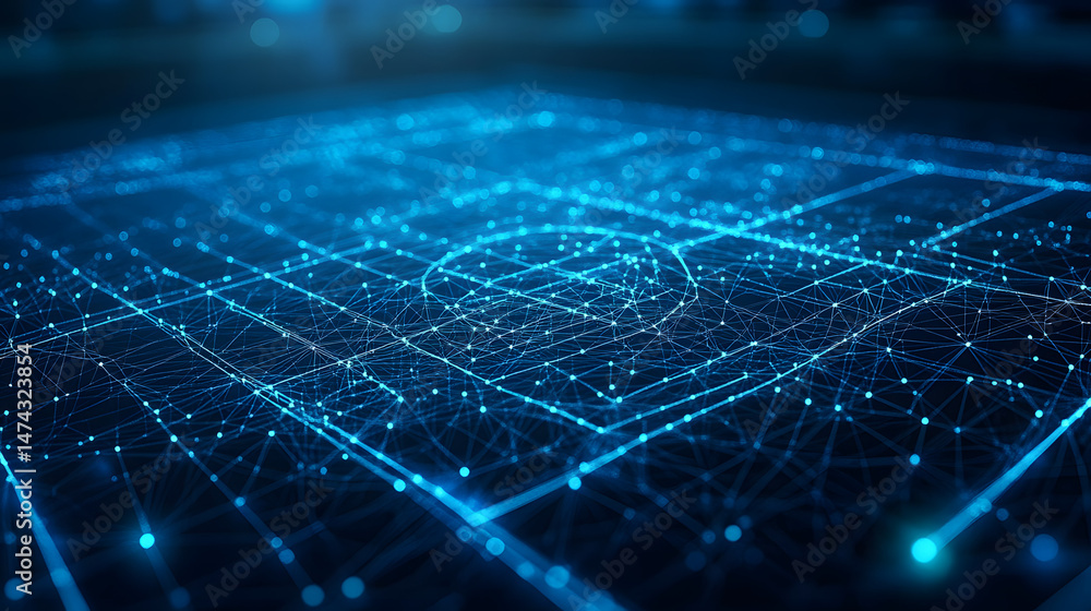 Aufkleber A mesmerizing, abstract field network of interconnected field blue lines and glowing nodes. Symbolizes futuristic technology, data structure or complex system. Abstract wireframe in dark blue.