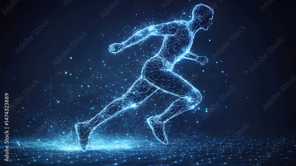 Poster futuristic runner depicted in a dynamic wireframe. glowing particles accentuate the movement, set ag