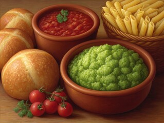 Savory bowls of vibrant marinara and fresh pesto alongside golden bread rolls and tubular pasta creating a delightful culinary arrangement of rich flavors and textures