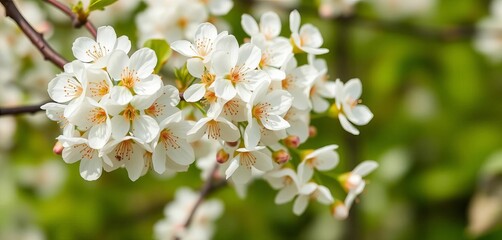 Obraz premium Delicate white cherry blossoms frame a natural spring, soft green background Ample copy space, natural spring, springtime