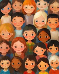 Diverse group of children smiling illustration close up studio shot unity and togetherness concept