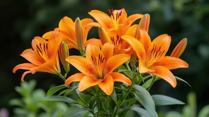 Vibrant Orange Lilies in Full Bloom Against Green Background
