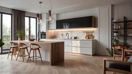 Modern white kitchen with wooden details and parquet floor, modern pendant lamps, minimalistic interior, with stools and accessories.
