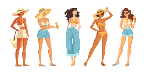 Set of Stylish Women In Swimsuits Enjoying Sunny Summer Day. Holiday travel beach concept