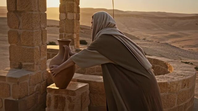 A woman places a jug of water at a well in a desert landscape. A biblical theme of the Samaritan woman. Ancient Near East for an art project, museum exhibition, biblical publications