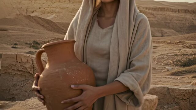 Woman Carrying a Water Jug in a Desert Landscape. Biblical Theme. Ancient Near East for Art Project, Museum Exhibition, Biblical Publications