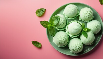green mint ice cream balls with leaves on a pink background photo top view background