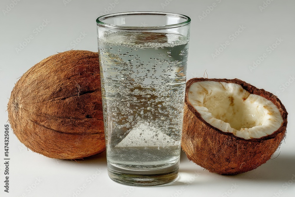 Poster Refreshing coconut water served with fresh coconuts on a light background in a clean setting