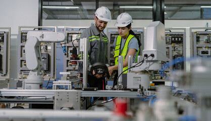 Group of hispanic people working on robot programming in robotic and electronic engineering laboratory. Latino engineer team learning and research automated machine with intelligent mechanical control