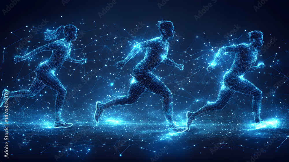 Poster Futuristic digital runners depicted as interconnected blue lines against a dark backdrop. Representing speed and technological progress. Abstract wireframe in dark blue.