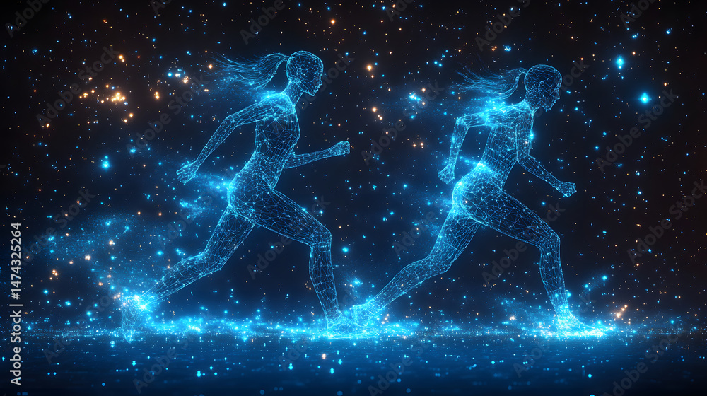 Aufkleber futuristic runners depicted in glowing blue wireframe against a star-filled backdrop. the image capt